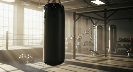 Fototapeta premium Black punching bag in boxing gym with training ambiance. 
