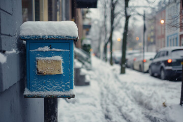 A single blue mailbox standing in a snowy urban setting, evoking feelings of simplicity and quiet communication in winter.