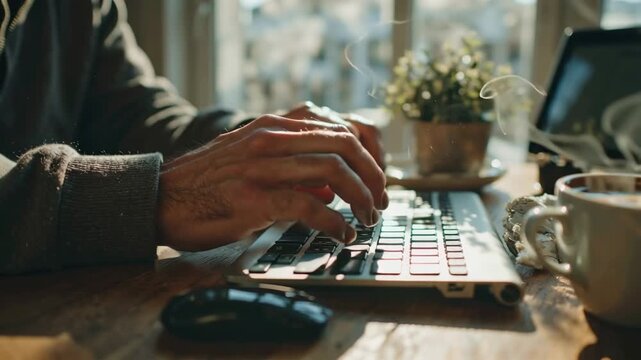 Typing on Laptop, Remote Work, Coffee, Home Office, Hands