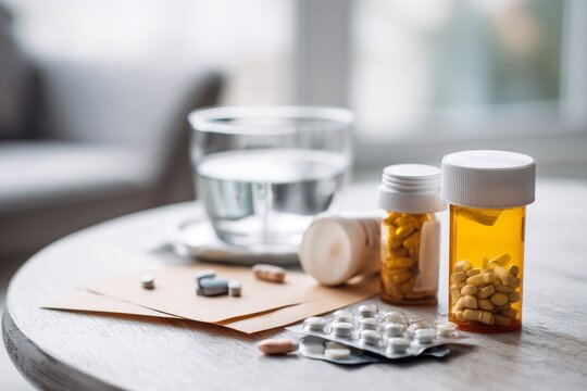Kitchen table with scattered medication bottles, a glass of water, and envelopes, illustrating the impact of post-traumatic stress disorder on daily life and mental health