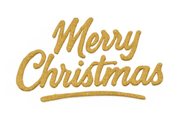 Merry christmas glitter text, golden cursive lettering for festive winter holiday greeting card design, transparent background