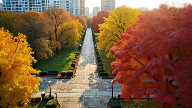 Autumn pathway in urban park, vibrant orange yellow and red fall trees lining paved walkway with trimmed hedges benches and fallen leaves, leading towards tall city buildings autumn