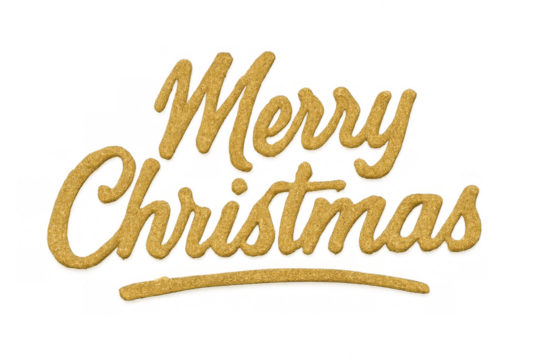Merry christmas glitter text, golden cursive lettering for festive winter holiday greeting card design, transparent background - Powered by Adobe