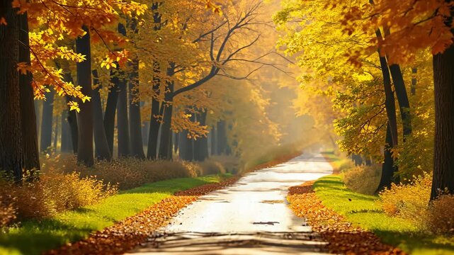 Autumn pathway in urban park, vibrant orange yellow and red fall trees lining paved walkway with trimmed hedges benches and fallen leaves, leading towards tall city buildings autumn