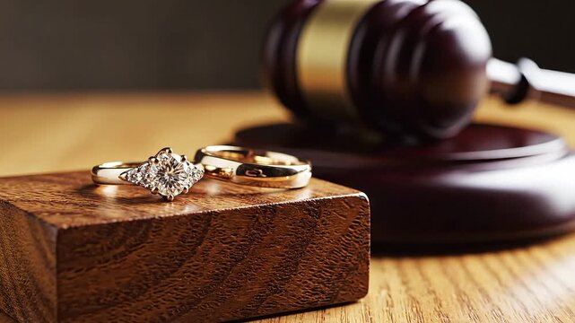 Divorce decree in motion, a tense courtroom drama unfolds with wedding rings and gavel, a powerful video about separation, loss, and legal battles for commercial use