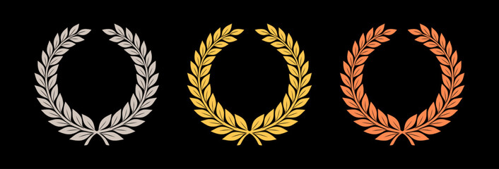 Gold silver bronze laurel wreath award set on black background © Виталий Опришко