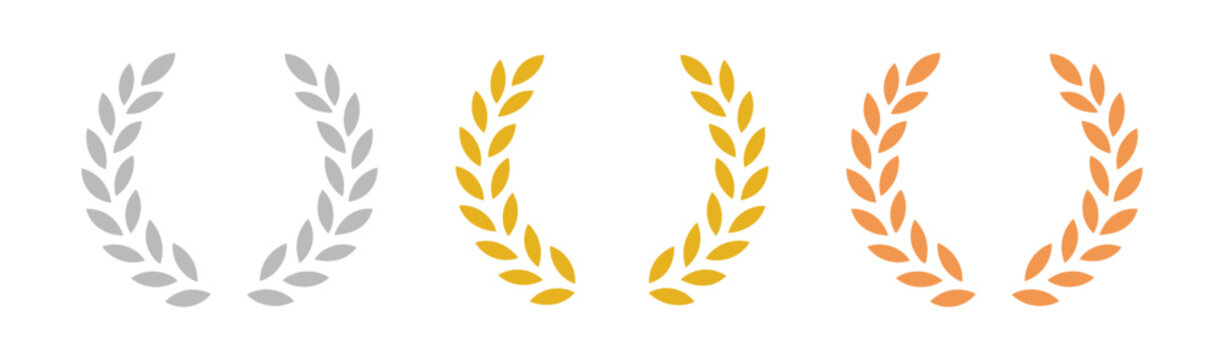 Gold, silver, bronze laurel wreath award set on transparent background