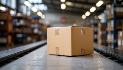 Single brown cardboard parcel on a clean conveyor belt with ample negative space in an industrial warehouse setting