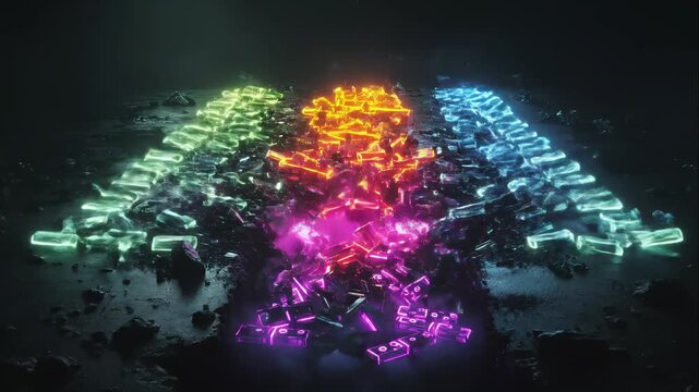 Abstract neon dominoes create a chain reaction and transform. Colorful 3d crystals fall and trigger a powerful energy explosion. Futuristic motion graphics animation