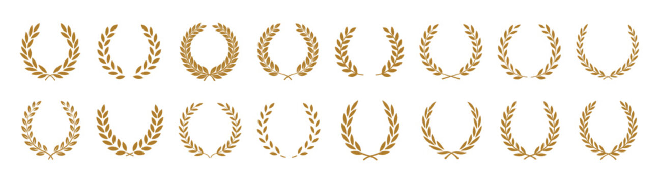 Gold laurel wreath award icons set on transparent background