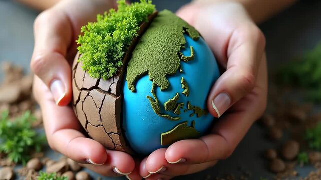 Hands holding a split earth globe, a pair of hands cradling a globe divided into cracked arid land.
