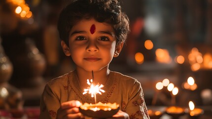 A calm moment of a young boy lighting a sparkler from a diya, background filled with softly lit Diwali decor, firecrackers faintly glowing in the distance.