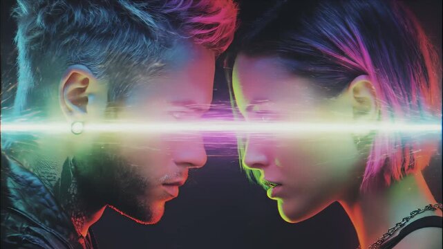 Futuristic couple with a glowing neon energy connection between their minds. Digital animation of a psychic or telepathic link representing electric love and passion