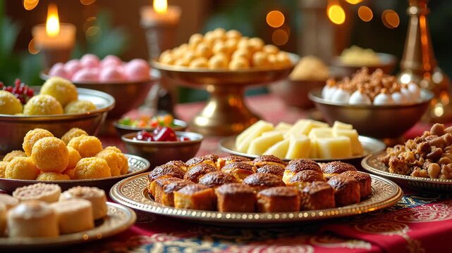 Colorful indian sweets displayed on festive table with decorative plates and traditional brass vessels in warm natural light concept of diwali celebration confectionery dessert shop festival marketing