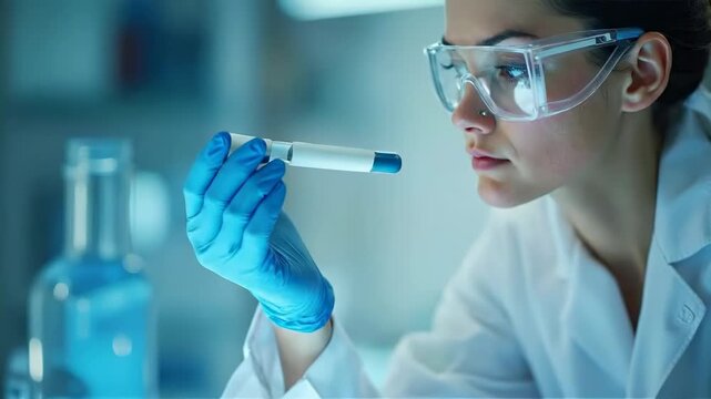 Cient&iacute;fica concentrada en un laboratorio examinando un l&iacute;quido en un tubo de ensayo. Investigaci&oacute;n y desarrollo.