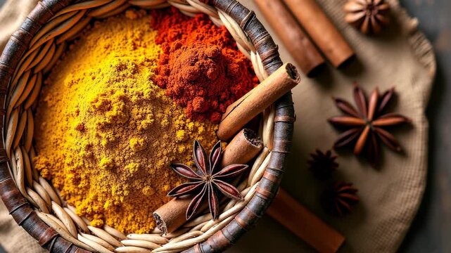 Spices displayed in a basket, vibrant powders of turmeric chili and cumin with cinnamon sticks and star anise in a woven container. concept of cooking recipes, food industry, healthy nutrition