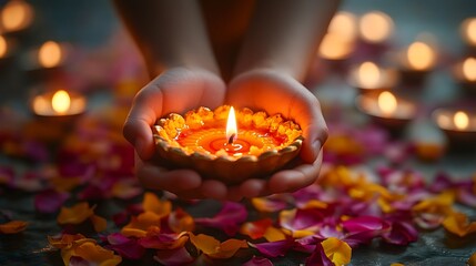 A child’s hands holding a brightly burning diya with flower petals around its base, glow softly illuminating tiny fingers and palms, blurred background of floating candles and bokeh lights.