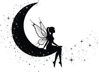 Fototapeta premium Fairy sitting on crescent moon silhouette vector—ornate wings, starry sky, magical pose for fantasy, celestial, and story themes