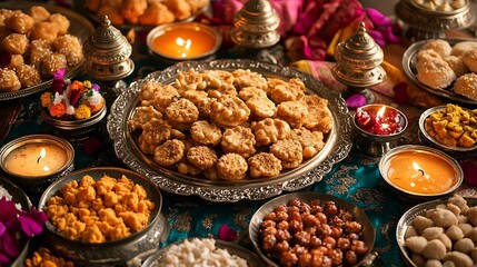 A close-up photo of a festive table filled with traditional Indian sweets like laddoos, barfis, and jalebis, neatly arranged in silver trays, surrounded by small lit diyas.