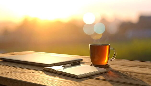 Golden sunrise over a tranquil outdoor workspace with a steaming cup of tea, a laptop, and a notebook on a rustic wooden table