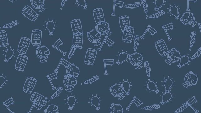 Pattern of small doodle icons on a blue background suitable for social media posts, web design, stationery, and digital marketing. Great for fun and creative projects.