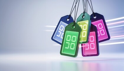 Colorful digital price tags with a motion blur effect and copy space on the left