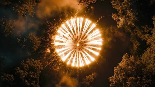 A large display of firecrackers brightly exploding against a dark night sky.