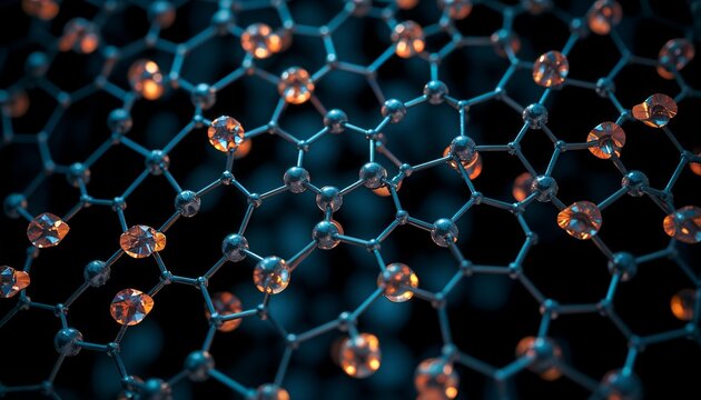 Close-up 3D Rendering of a Molecular Lattice Structure Resembling Graphene or a Digital Network, with Glowing Orange Energy Nodes on a Dark Blue Scientific Background