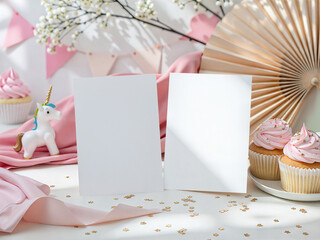 Fototapeta premium Unicorn Birthday Invitation Card Mockup with Cupcakes and Pink Decor