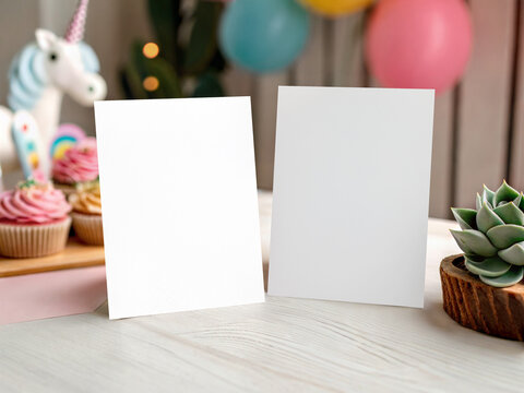 Unicorn Party Invitation Card Mockup with Cupcakes and Balloons