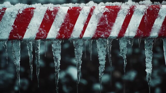 Safety barrier covered in icicles during a snowstorm.