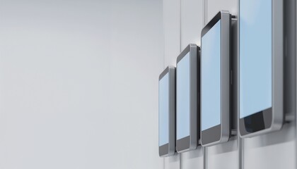 Row of Modern digital  displayed on a clean, minimalist futuristic wall with a clean design and copy space