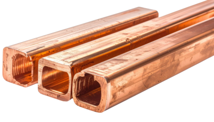 Copper busbar connecting electrical power conducting system isolated on solid white background Png format