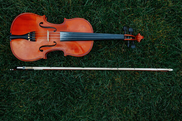 The violin lies on the grass.
