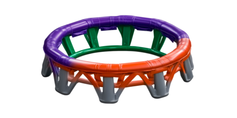 Inflatable kids play structure with purple green orange segments