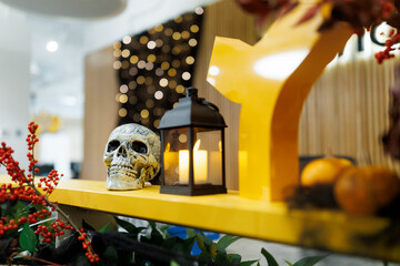 skeleton head and candles halloween decorations
