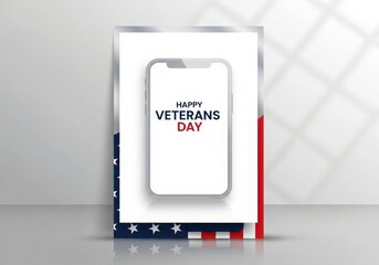 Happy veterans day greeting on a smartphone screen, with american flag elements, isolated on white background