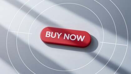Vibrant red "Buy Now" button on a sleek minimalist white background with digital interface elements