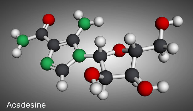 Acadesine, AICA-riboside, AICAR purine nucleoside analog and AMPK activator. Molecular model. 3D rendering. Illustration