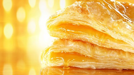 Golden Puff Pastry Glazing with Honey Drizzle on Bright Background
