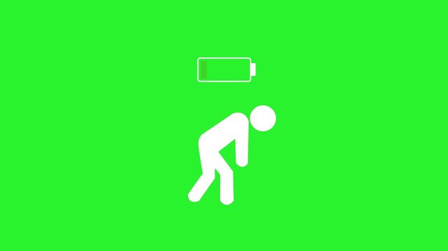 Tired stick figure with low battery symbol above head on green screen background representing. Tired person with low battery symbolizes burnout. Abstract design reflects stress and 