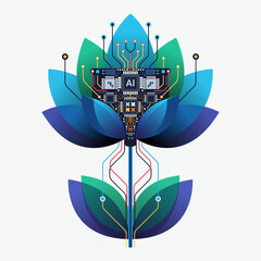 Cybernetic flower with wires and high-tech elements - microchips circuit boards, blending organic nature and high-tech elements, smooth vector shapes, minimalistic design, symmetrical composition