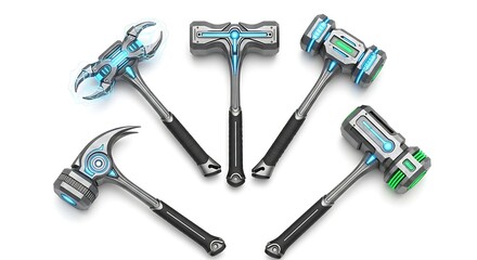 Fototapeta premium Various stylized hammers arranged isolated on a white backdrop