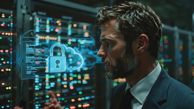 Cloud Security, Data Protection, IT Engineer in Server Room - Powered by Adobe