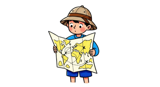 Curious young explorer with pith helmet excitedly studies a world map charting a thrilling adventure and discovering new lands