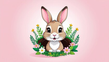 Fototapeta premium Cute easter bunny with colorful eggs in spring meadow