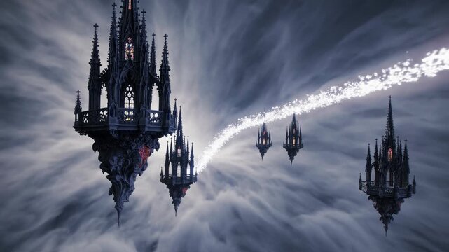 Gothic-style cathedrals hover in a surreal sky with a trail of white clouds suggesting motion and fantasy.
