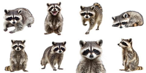 A large set of cute raccoons isolated on a transparent background PNG. In various poses and from different angles