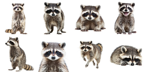 A large set of cute raccoons isolated on a transparent background PNG. In various poses and from different angles