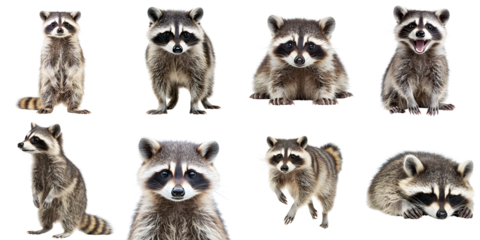 A large set of cute raccoons isolated on a transparent background PNG. In various poses and from different angles